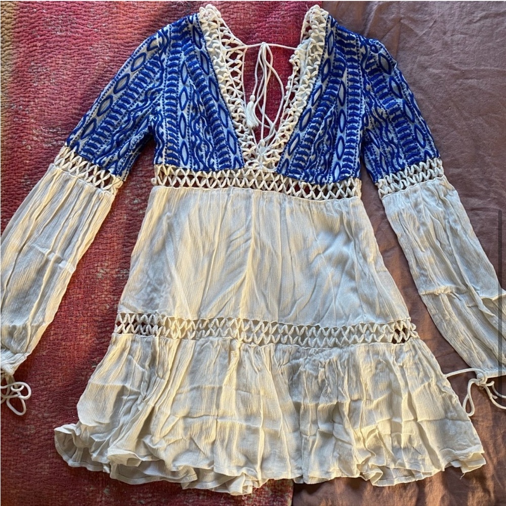 Free People 6 DuskTil Dawn Mini Dress V Neck Boho Open Crochet Embroidered - Picture 5 of 9